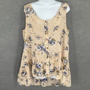 Blu Pepper Top Sz L Floral Sleeveless Button‎ Up Ruffle Hem Peasant Cottagecore